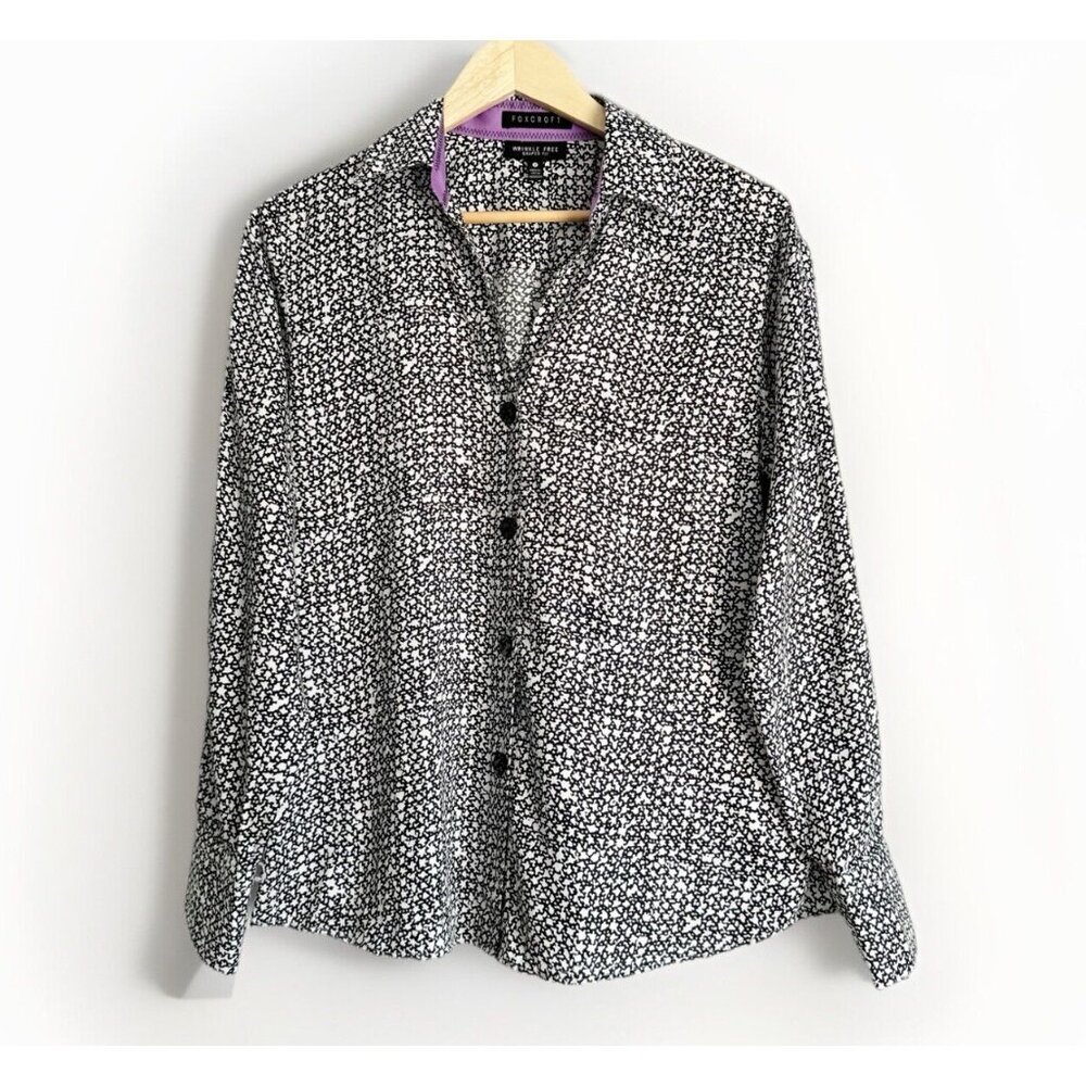 Foxcroft Wrinkle Free Shaped Fit Black White Ditsy Floral Button Up Top Sz 8
